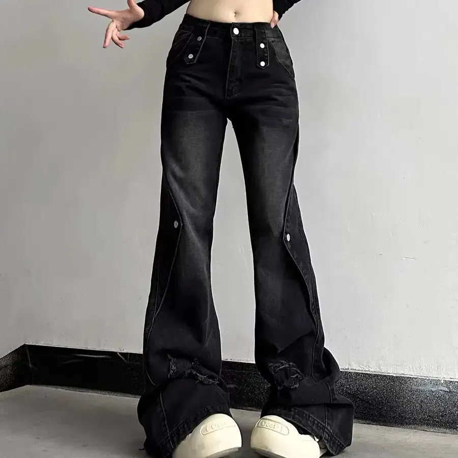 Aiertu Y2K Harajuku Wide Leg High Waist Flared Jeans Slim Ripped Pants Winter Women's Vintage Streetwear Style Denim Trouser