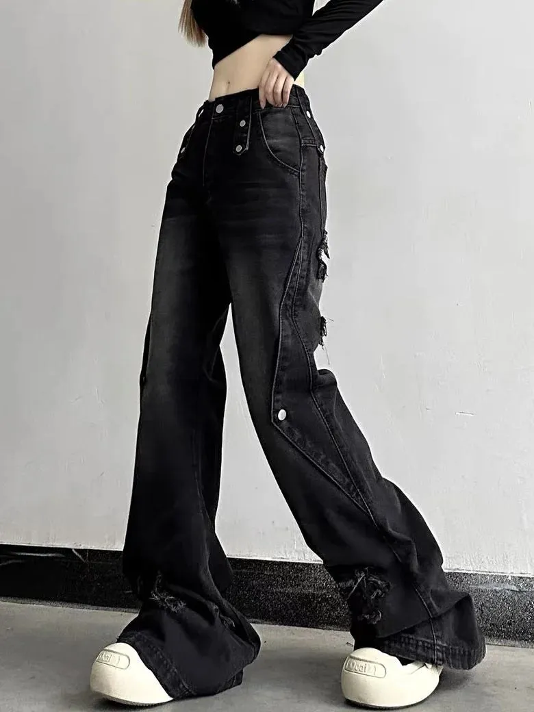 Aiertu Y2K Harajuku Wide Leg High Waist Flared Jeans Slim Ripped Pants Winter Women's Vintage Streetwear Style Denim Trouser