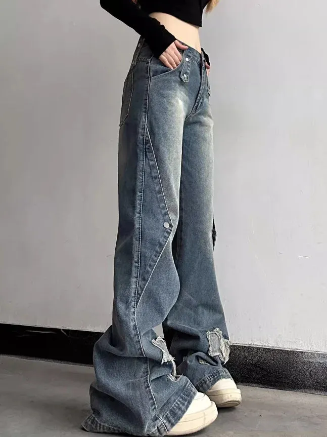 Aiertu Y2K Harajuku Wide Leg High Waist Flared Jeans Slim Ripped Pants Winter Women's Vintage Streetwear Style Denim Trouser