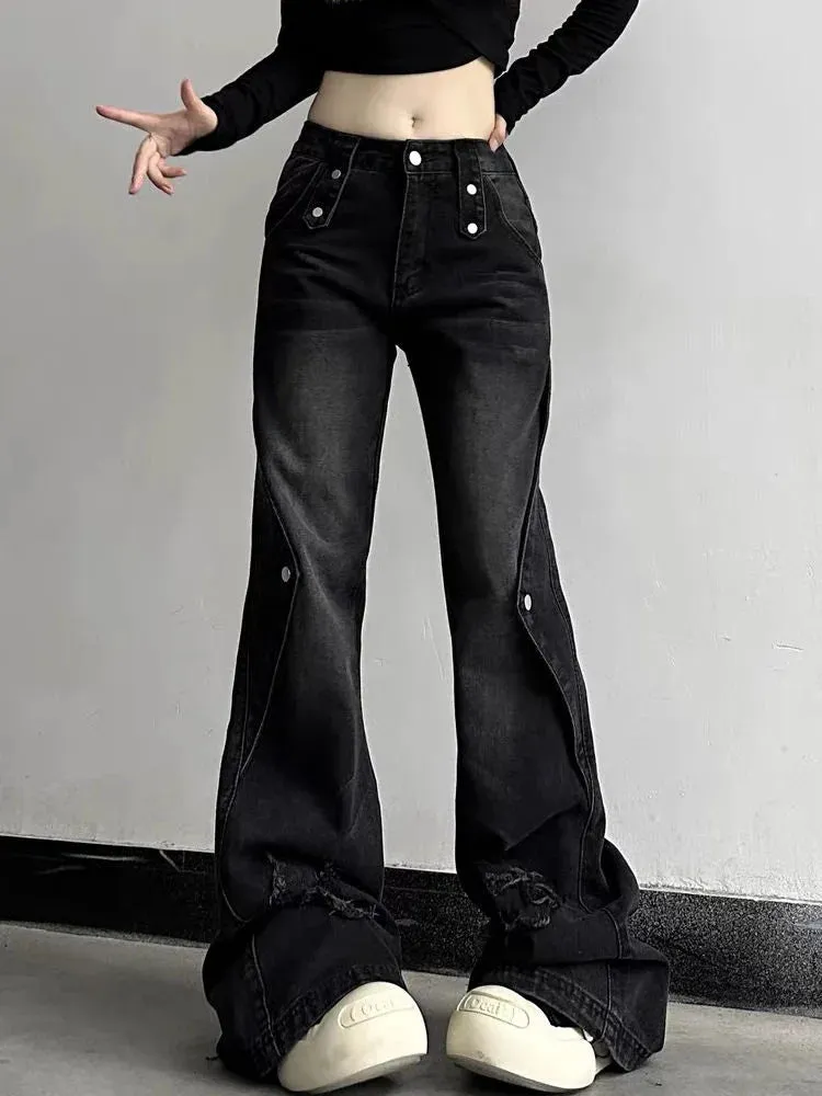 Aiertu Y2K Harajuku Wide Leg High Waist Flared Jeans Slim Ripped Pants Winter Women's Vintage Streetwear Style Denim Trouser