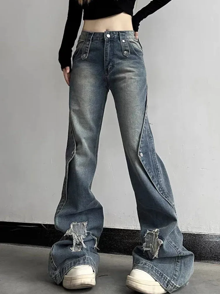 Aiertu Y2K Harajuku Wide Leg High Waist Flared Jeans Slim Ripped Pants Winter Women's Vintage Streetwear Style Denim Trouser