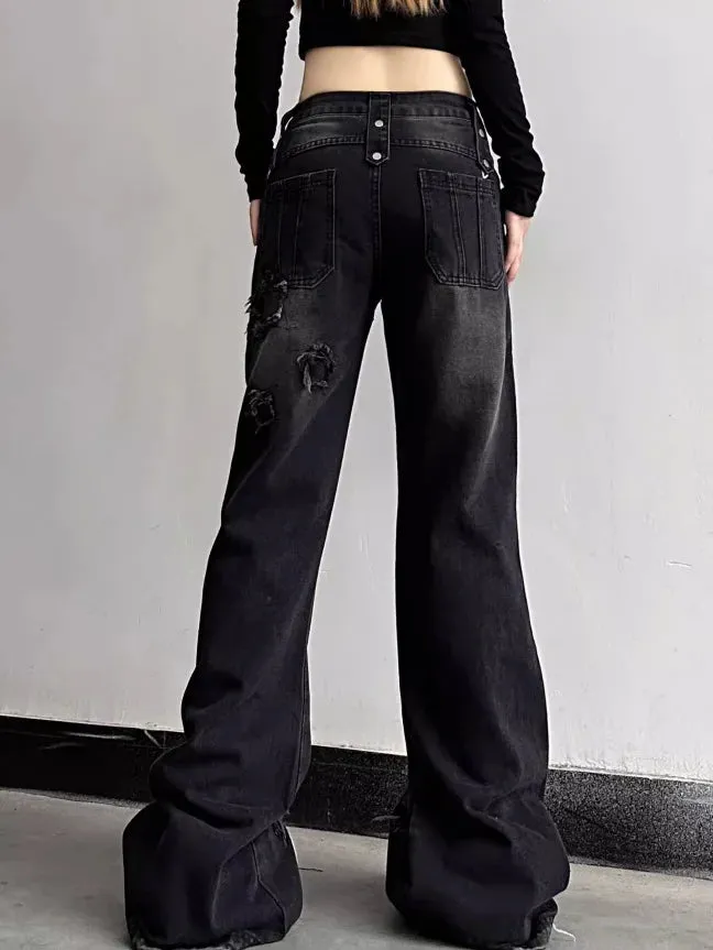 Aiertu Y2K Harajuku Wide Leg High Waist Flared Jeans Slim Ripped Pants Winter Women's Vintage Streetwear Style Denim Trouser