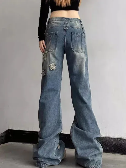 Aiertu Y2K Harajuku Wide Leg High Waist Flared Jeans Slim Ripped Pants Winter Women's Vintage Streetwear Style Denim Trouser