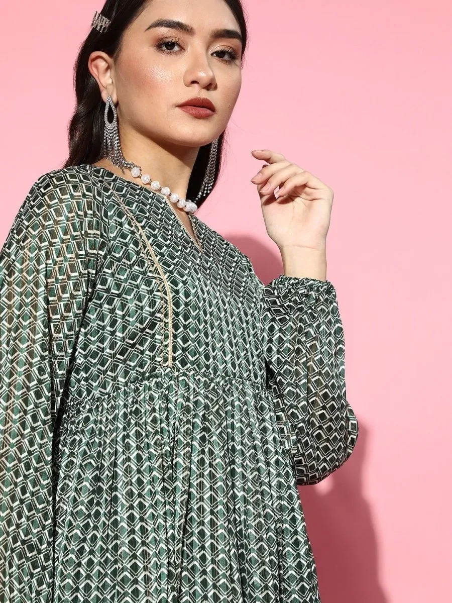 Bottle Green Printed Flared Kurta with Dhoti Pants