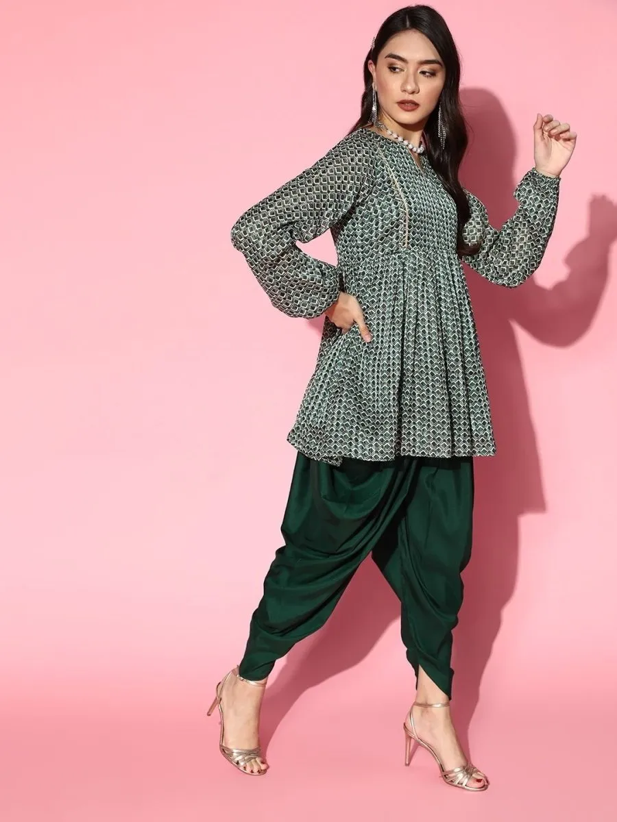 Bottle Green Printed Flared Kurta with Dhoti Pants
