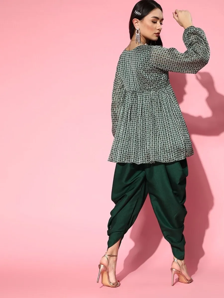 Bottle Green Printed Flared Kurta with Dhoti Pants
