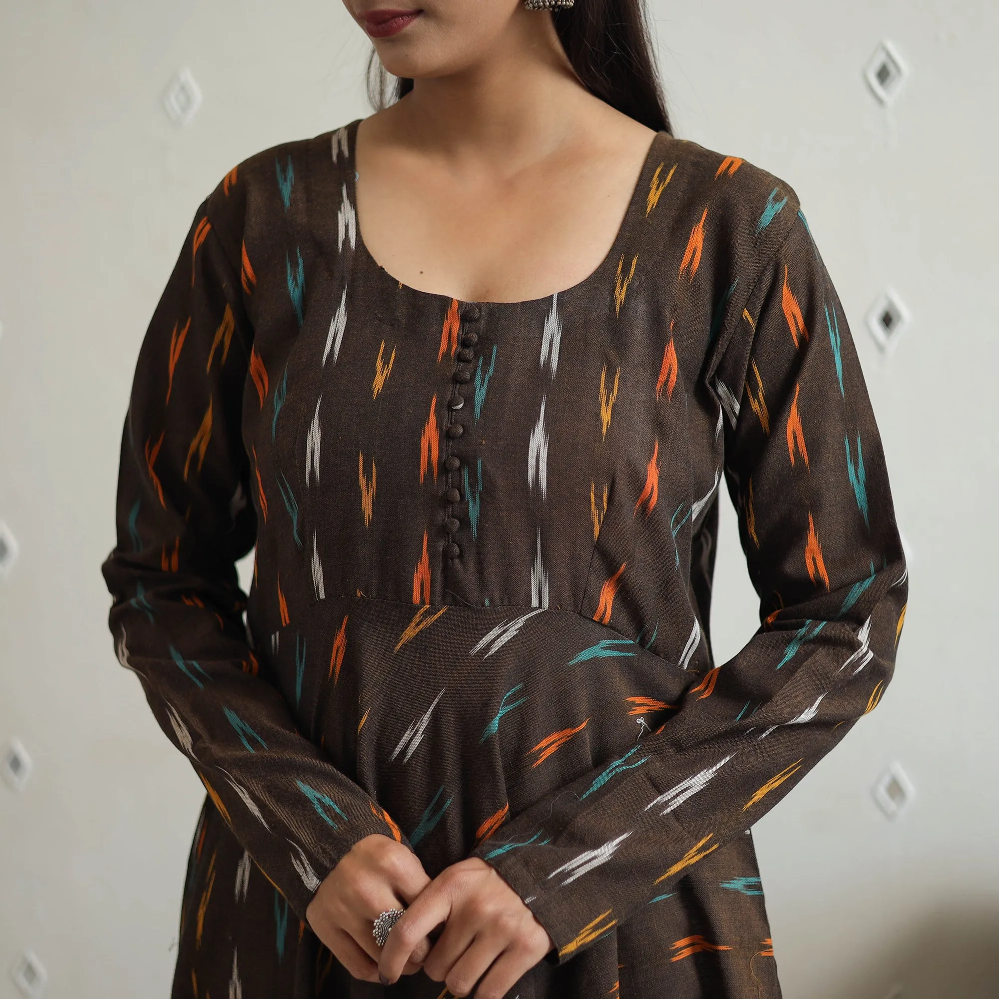 Brown - Handloom Cotton Flared Pochampally Ikat Kurta 11