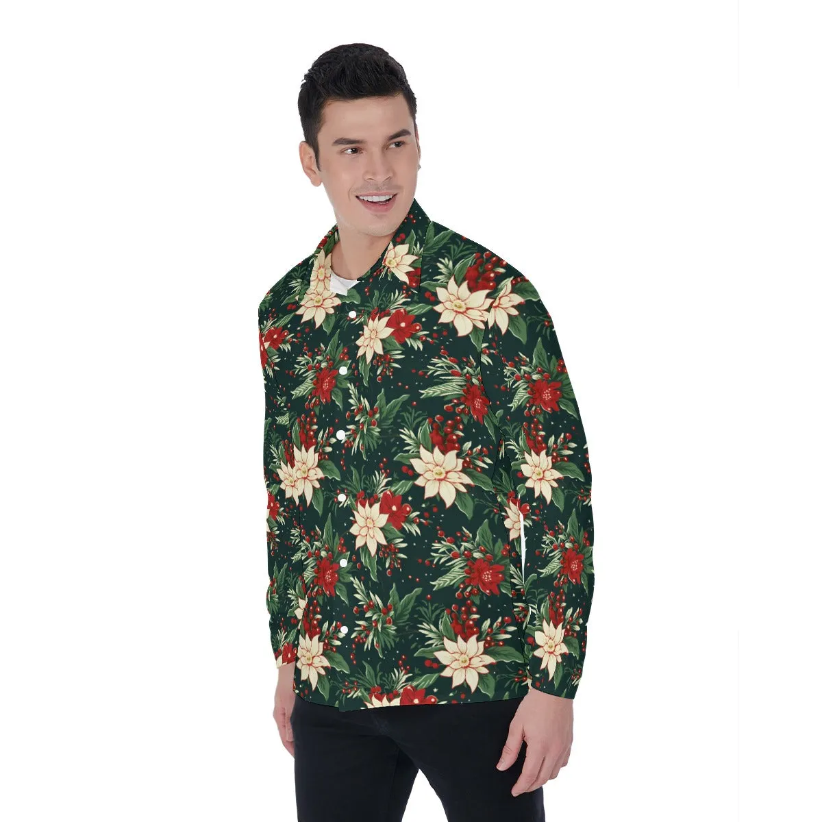 Christmas Long Sleeve Men Button Up Shirt, Vintage Xmas Berries Green Guys Male Print Buttoned Down Collared Graphic Casual Dress Shirt