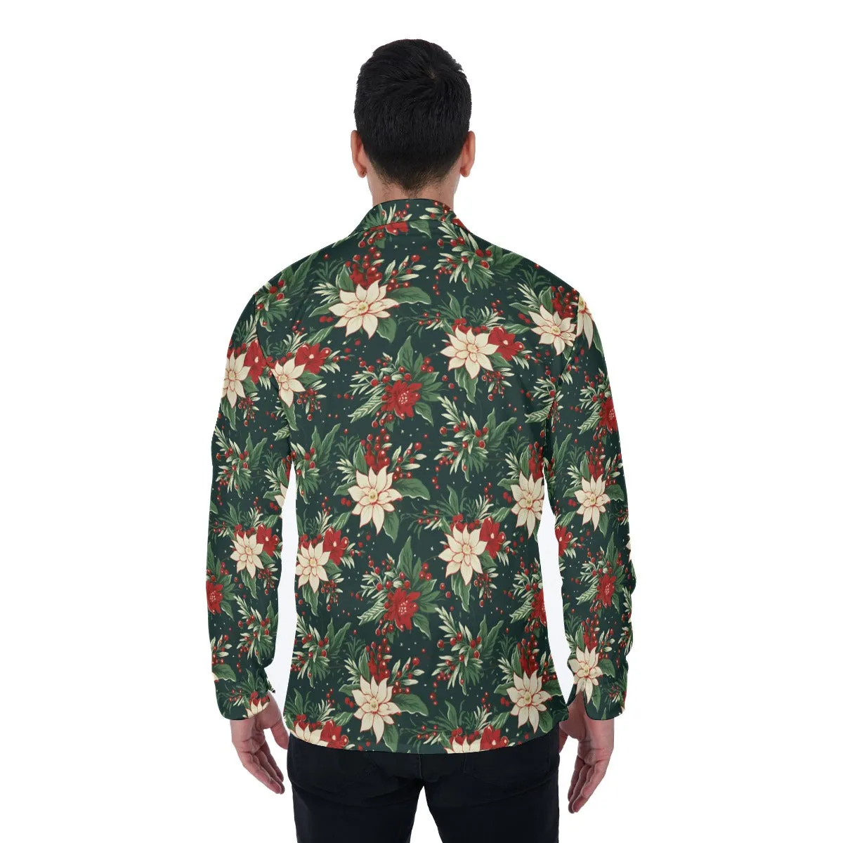 Christmas Long Sleeve Men Button Up Shirt, Vintage Xmas Berries Green Guys Male Print Buttoned Down Collared Graphic Casual Dress Shirt