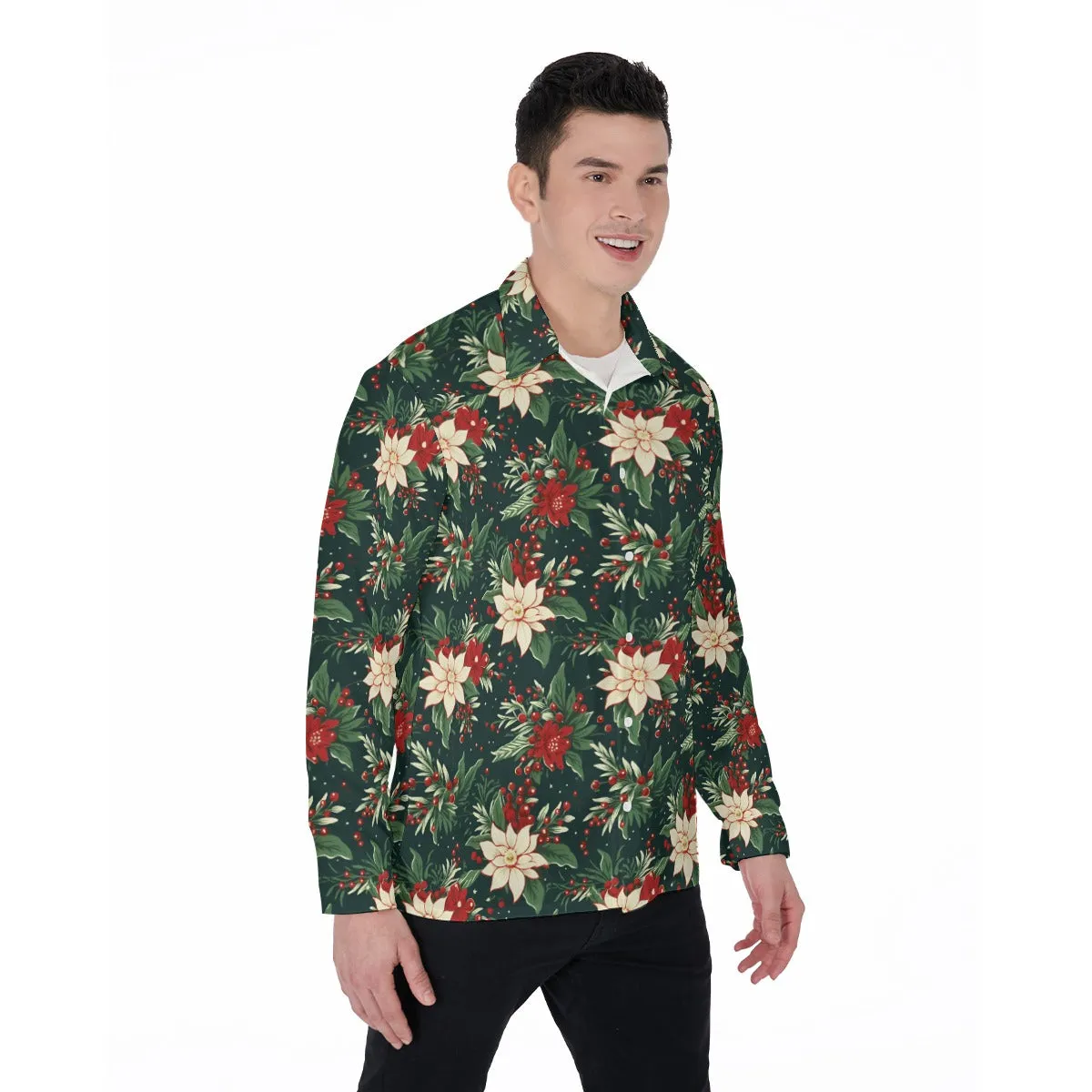 Christmas Long Sleeve Men Button Up Shirt, Vintage Xmas Berries Green Guys Male Print Buttoned Down Collared Graphic Casual Dress Shirt