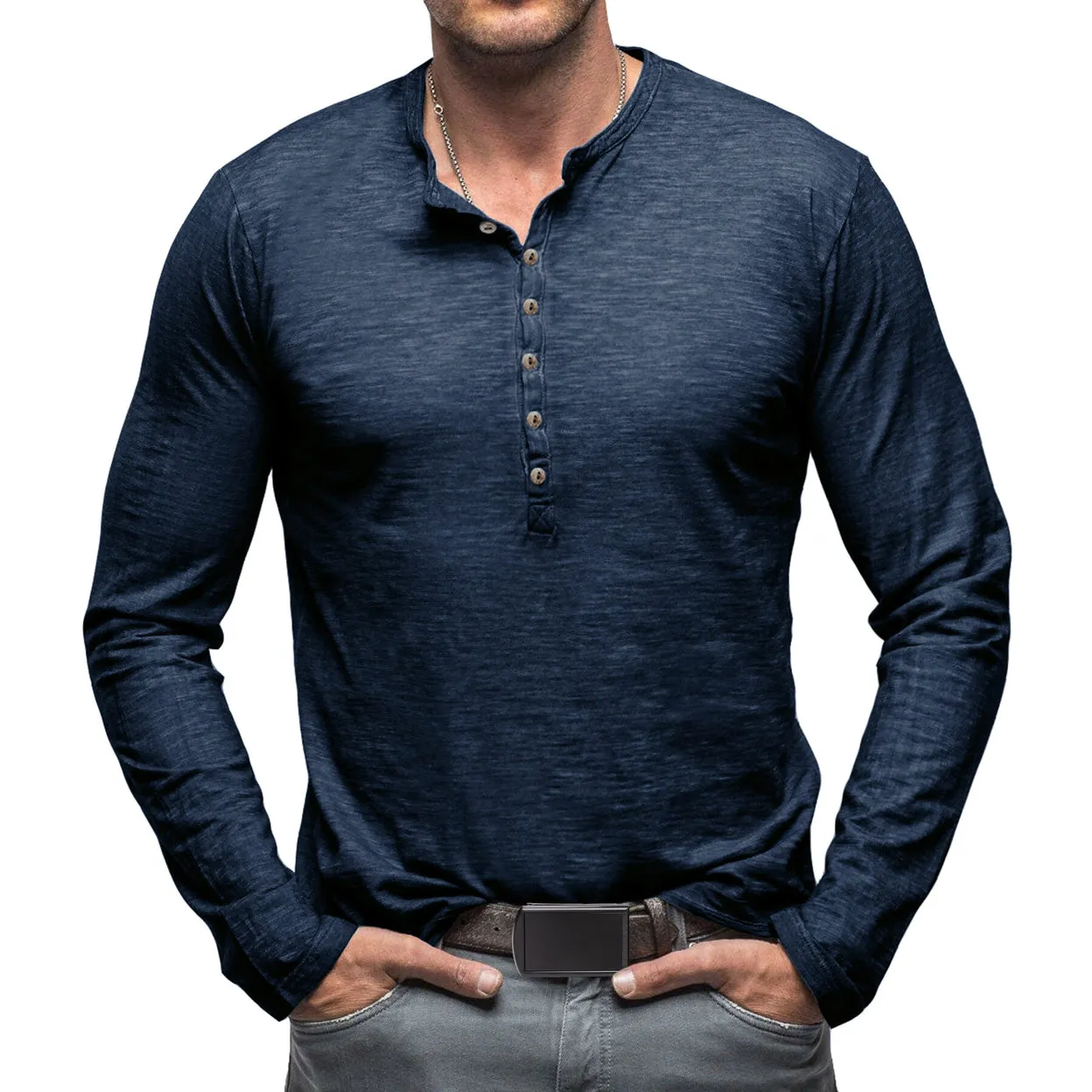 Cloudstyle Mens Long Sleeve T-shirt Round Neck Vintage Style Top Multiple Buttons