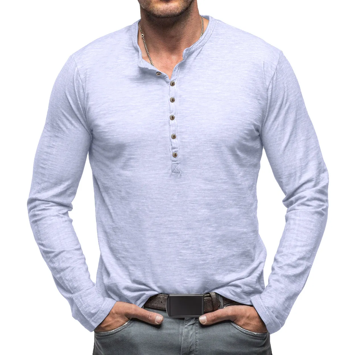 Cloudstyle Mens Long Sleeve T-shirt Round Neck Vintage Style Top Multiple Buttons