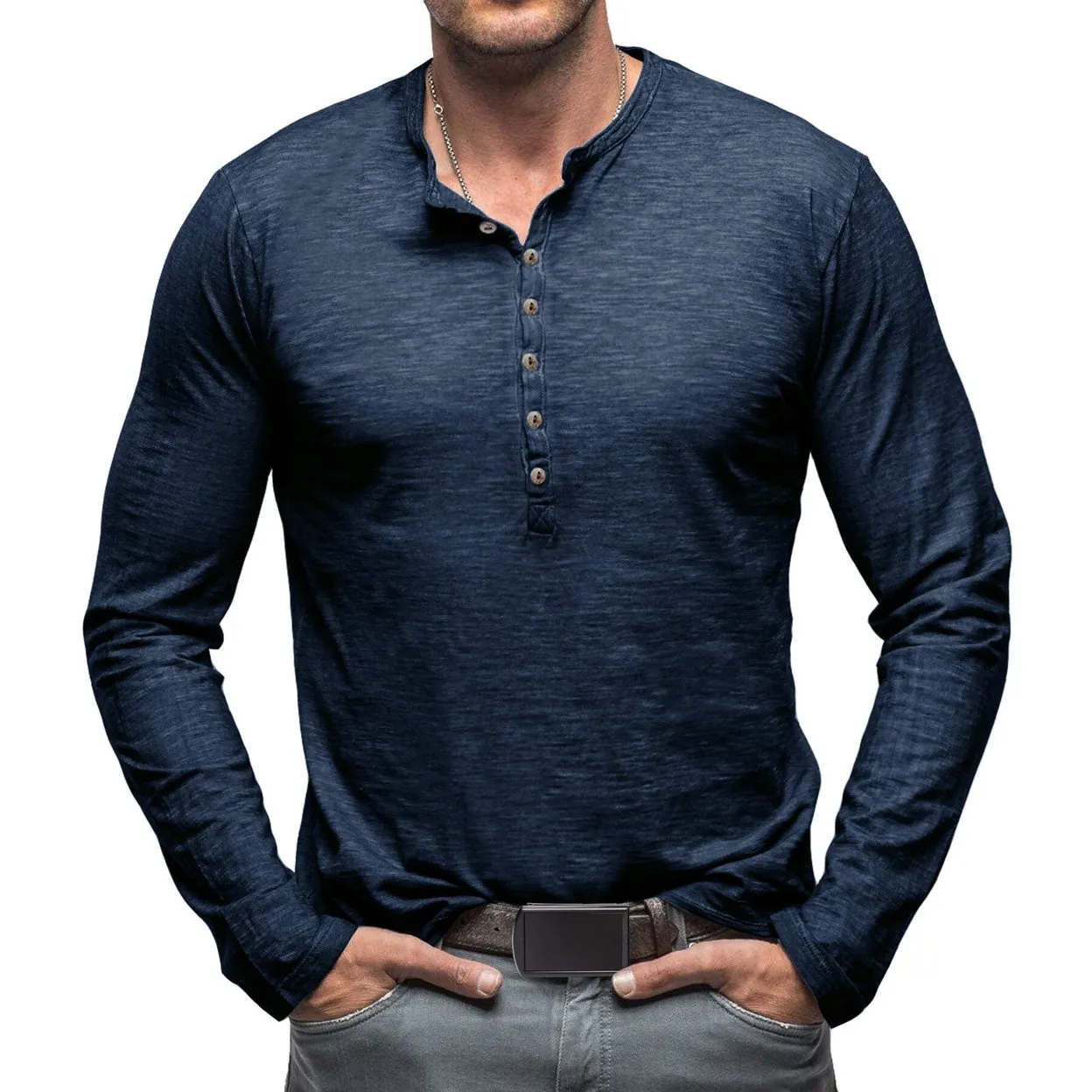 Cloudstyle Mens Long Sleeve T-shirt Round Neck Vintage Style Top Multiple Buttons