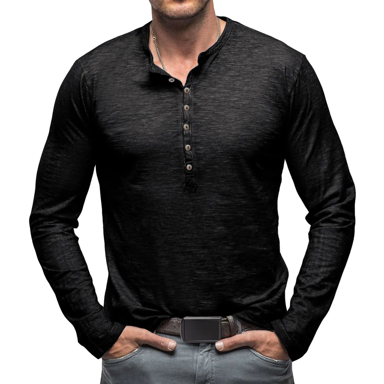 Cloudstyle Mens Long Sleeve T-shirt Round Neck Vintage Style Top Multiple Buttons