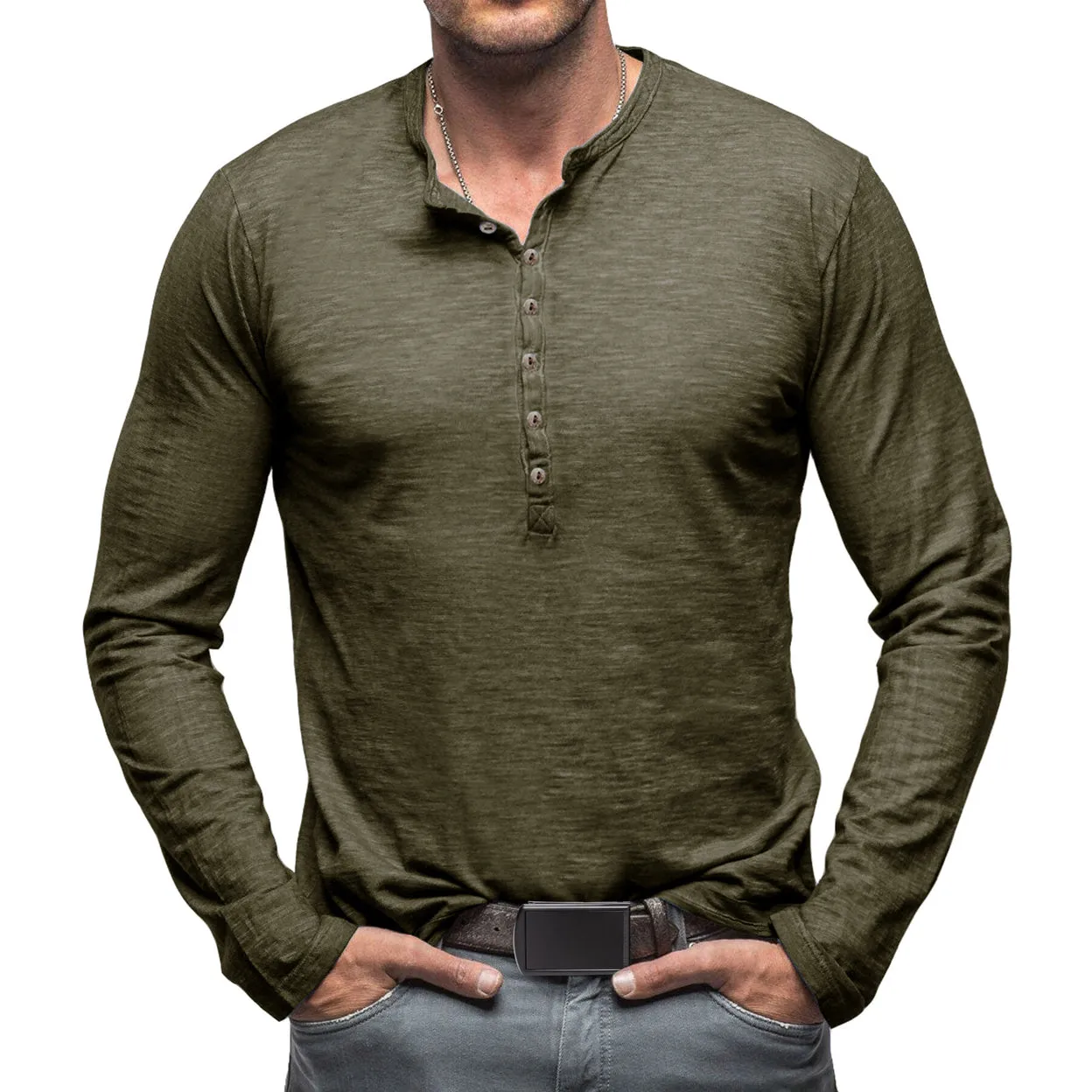 Cloudstyle Mens Long Sleeve T-shirt Round Neck Vintage Style Top Multiple Buttons