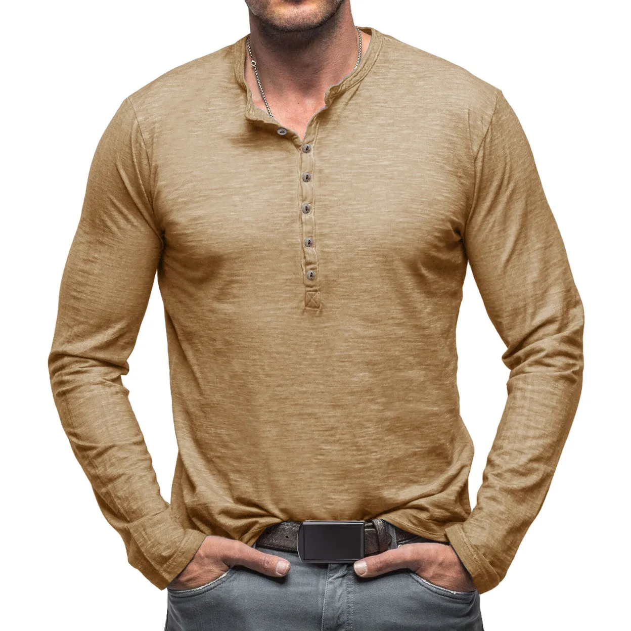 Cloudstyle Mens Long Sleeve T-shirt Round Neck Vintage Style Top Multiple Buttons