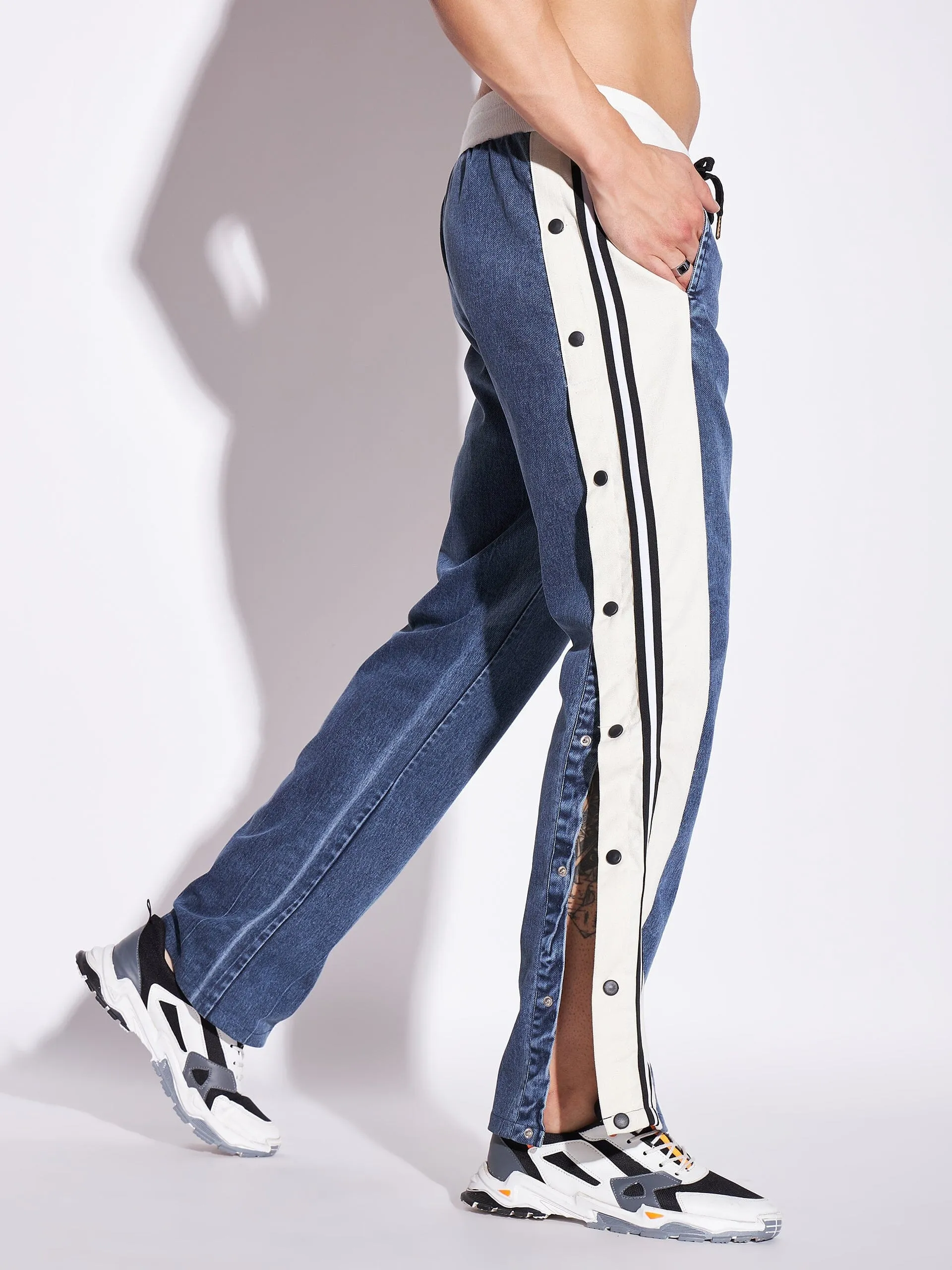 Dark Washed Snapbutton Flared Trackpants
