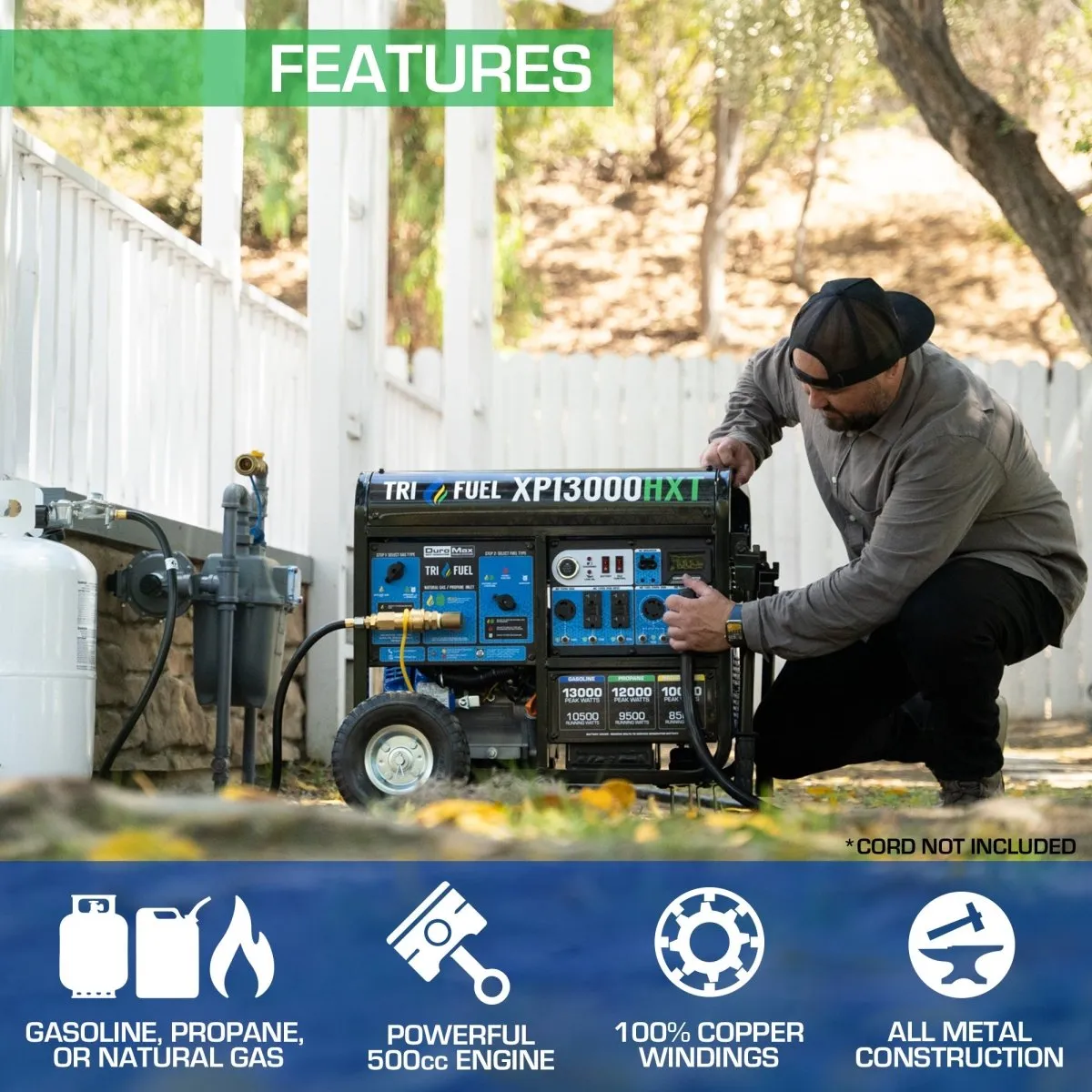 Duromax XP13000HXT - 10500W/13000W Tri-Fuel Generator | Gas, Propane, Natural Gas