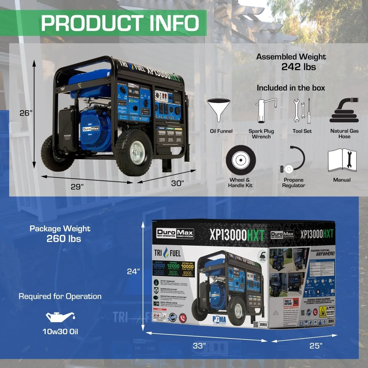 Duromax XP13000HXT - 10500W/13000W Tri-Fuel Generator | Gas, Propane, Natural Gas