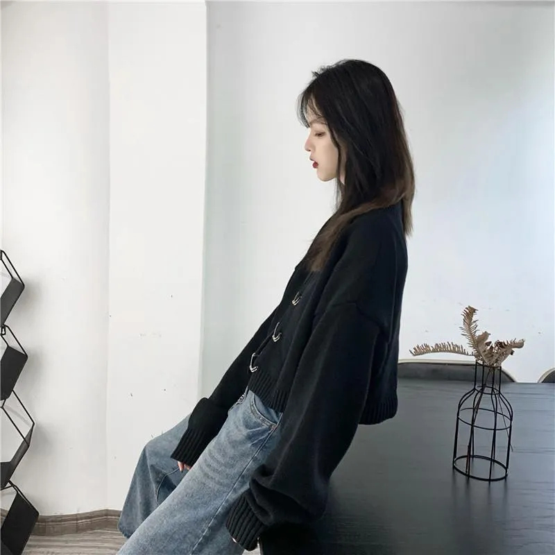 Edgy Huge Pins Loose Cropped Black Sweater