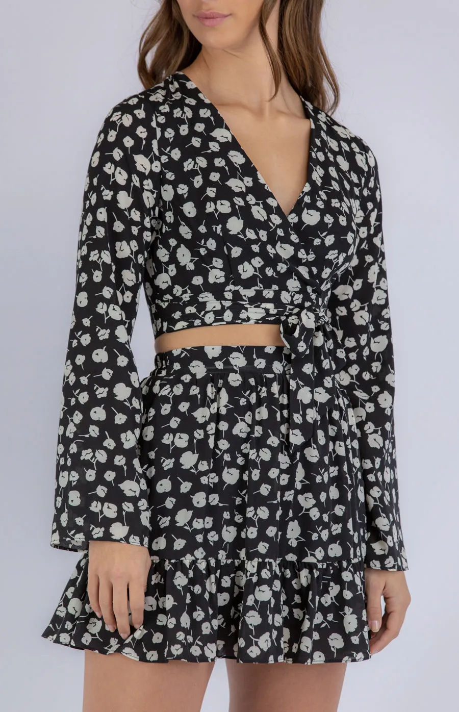 Floral Set With Long Sleeve Top And Ruffle Skirt