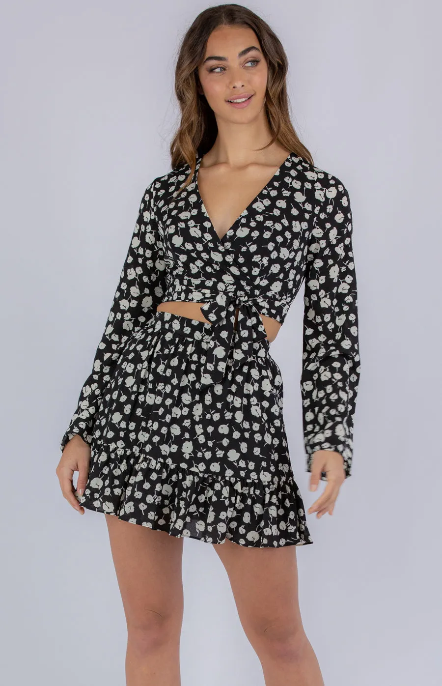 Floral Set With Long Sleeve Top And Ruffle Skirt