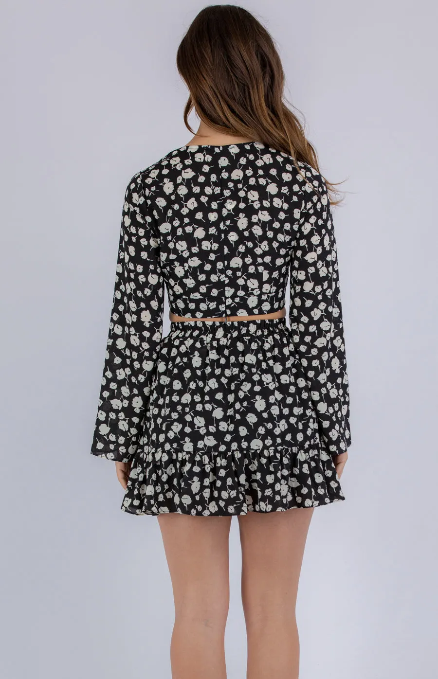 Floral Set With Long Sleeve Top And Ruffle Skirt