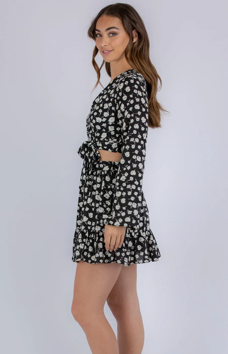 Floral Set With Long Sleeve Top And Ruffle Skirt