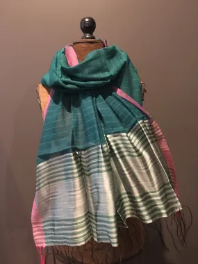 Green and silver scarf in handwoven silk and cotton