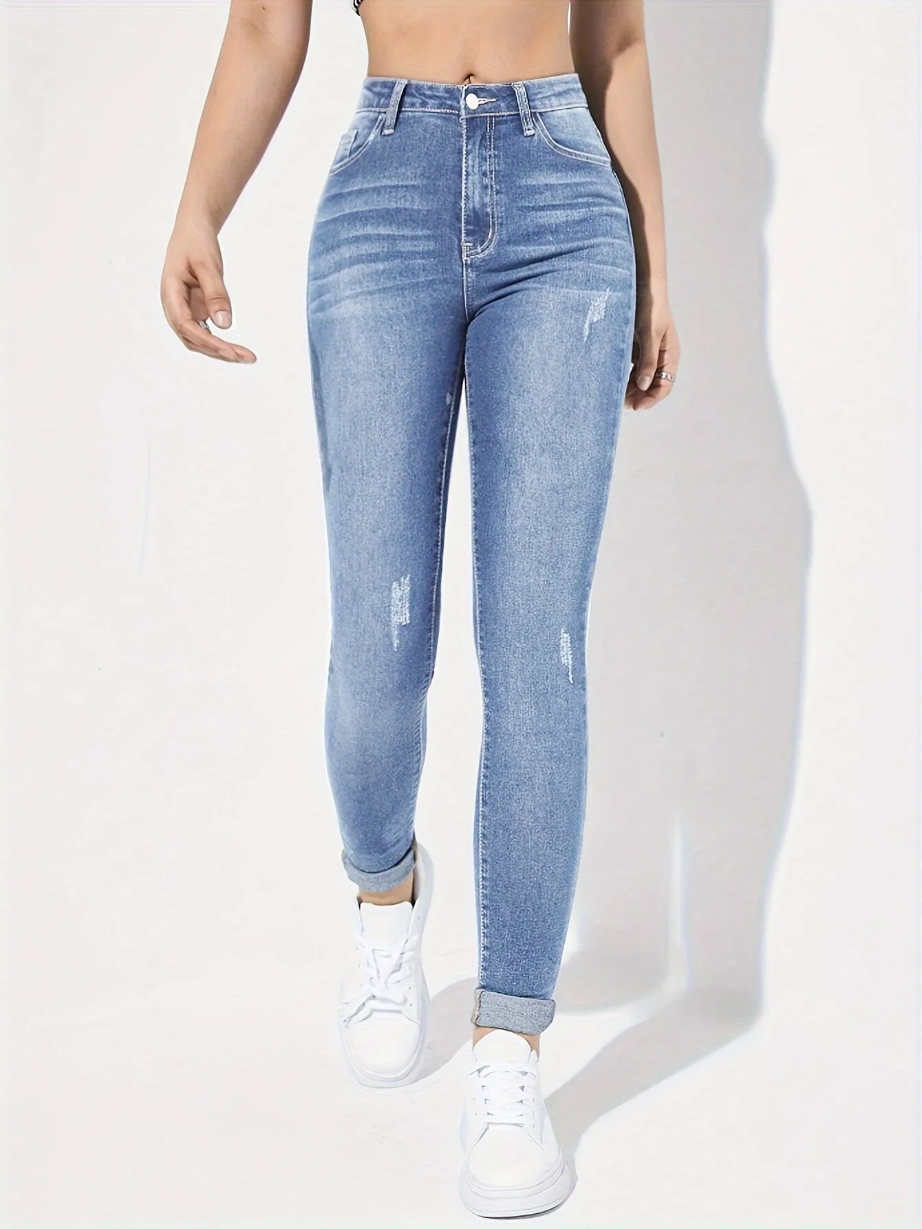 High Rise Skinny Jeans with Ripped Holes for Women
