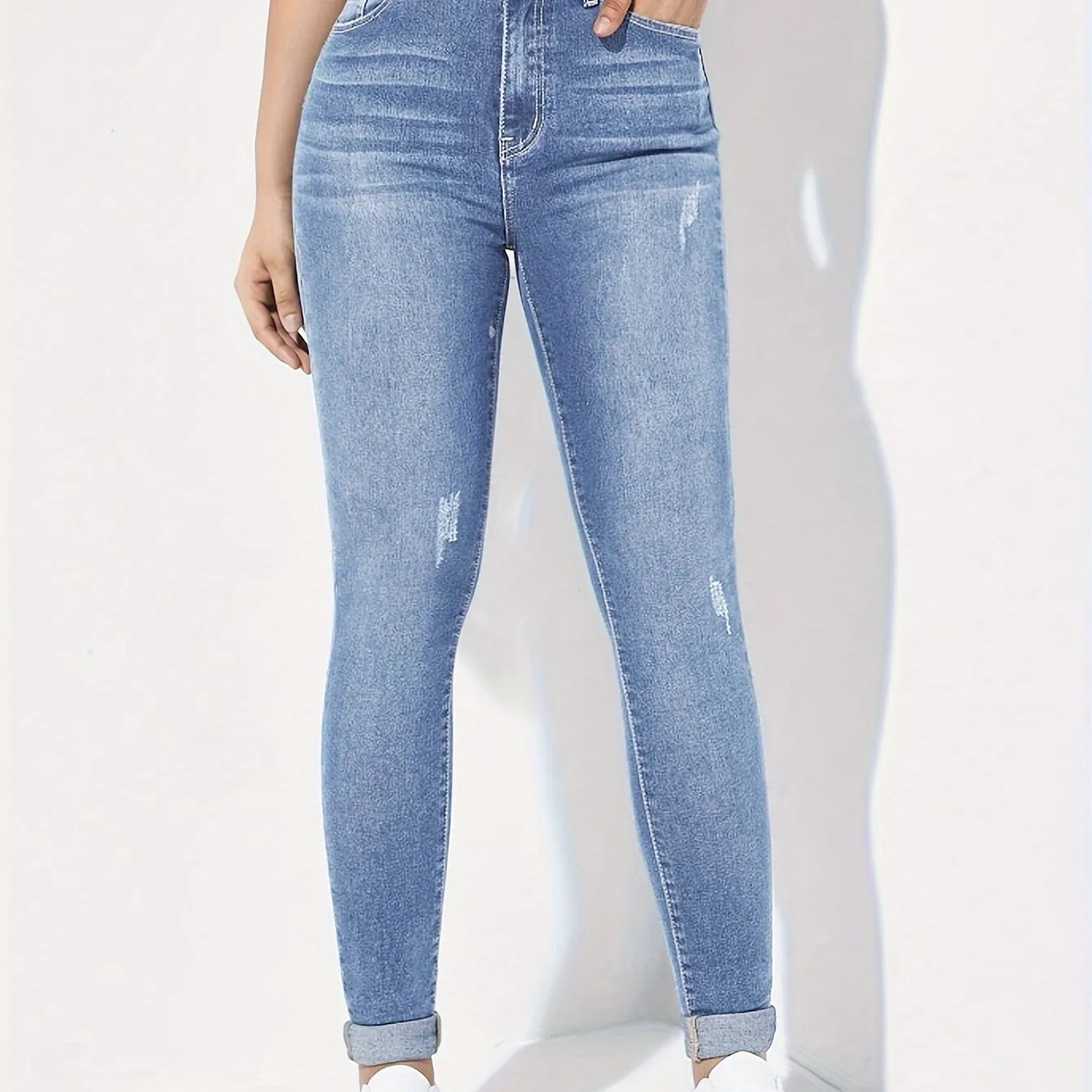 High Rise Skinny Jeans with Ripped Holes for Women