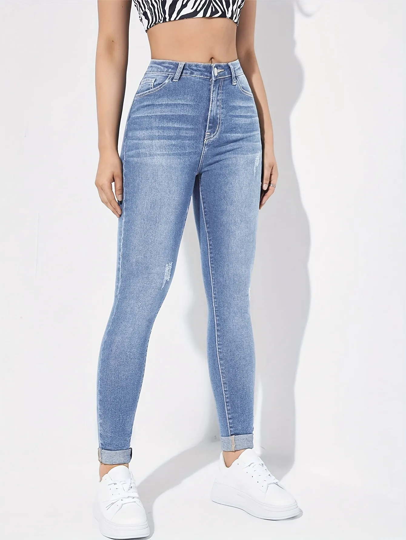 High Rise Skinny Jeans with Ripped Holes for Women