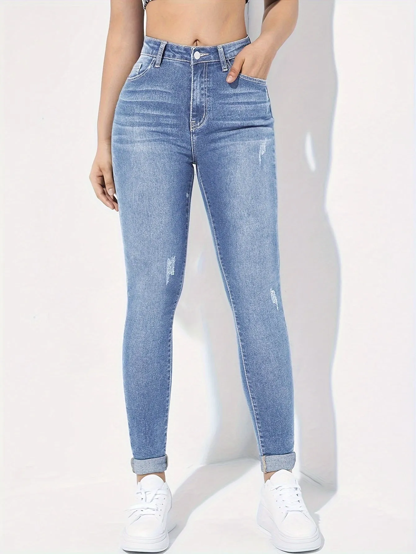 High Rise Skinny Jeans with Ripped Holes for Women