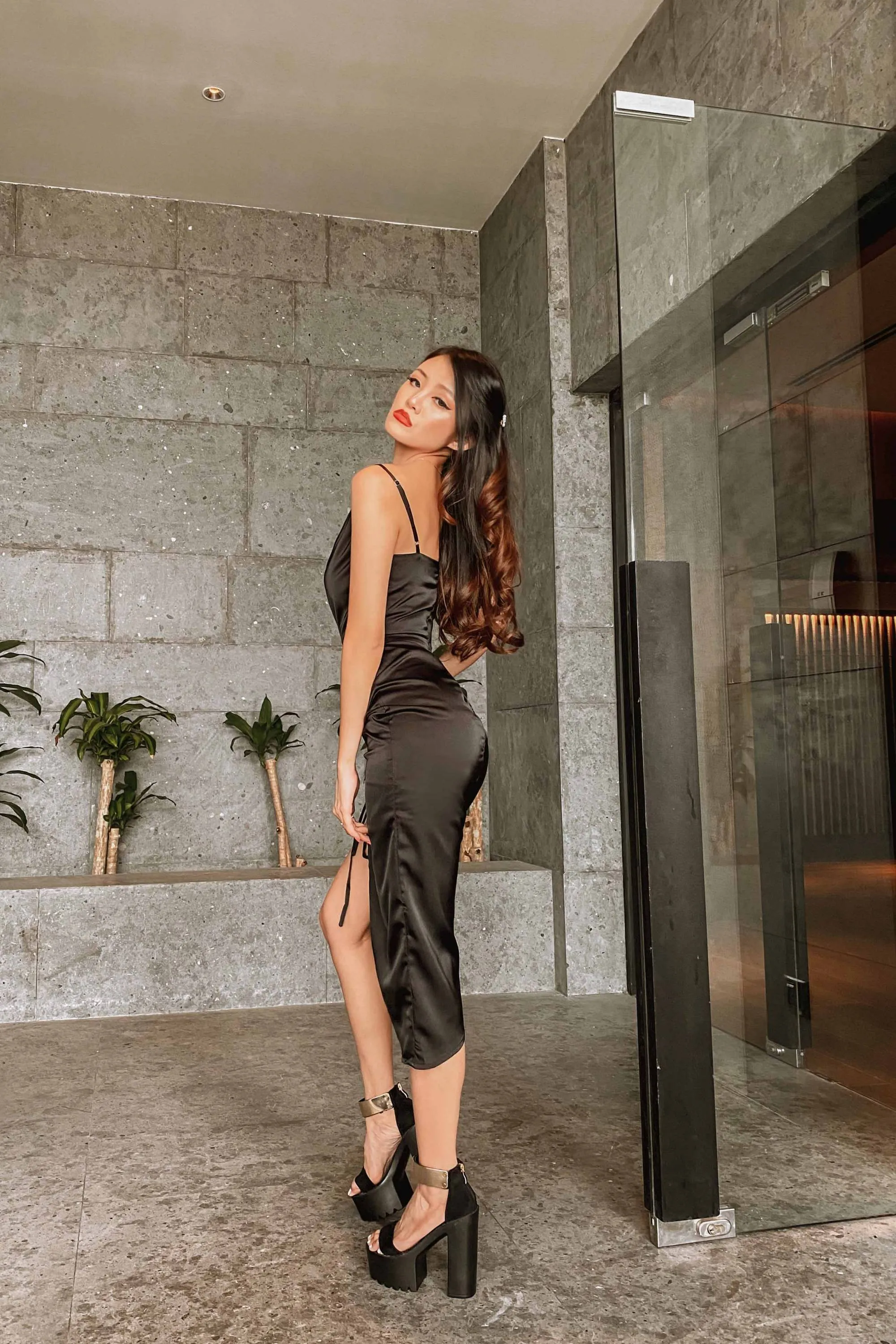 Iantes Asymmetrical Ruched Satin Dress in Black