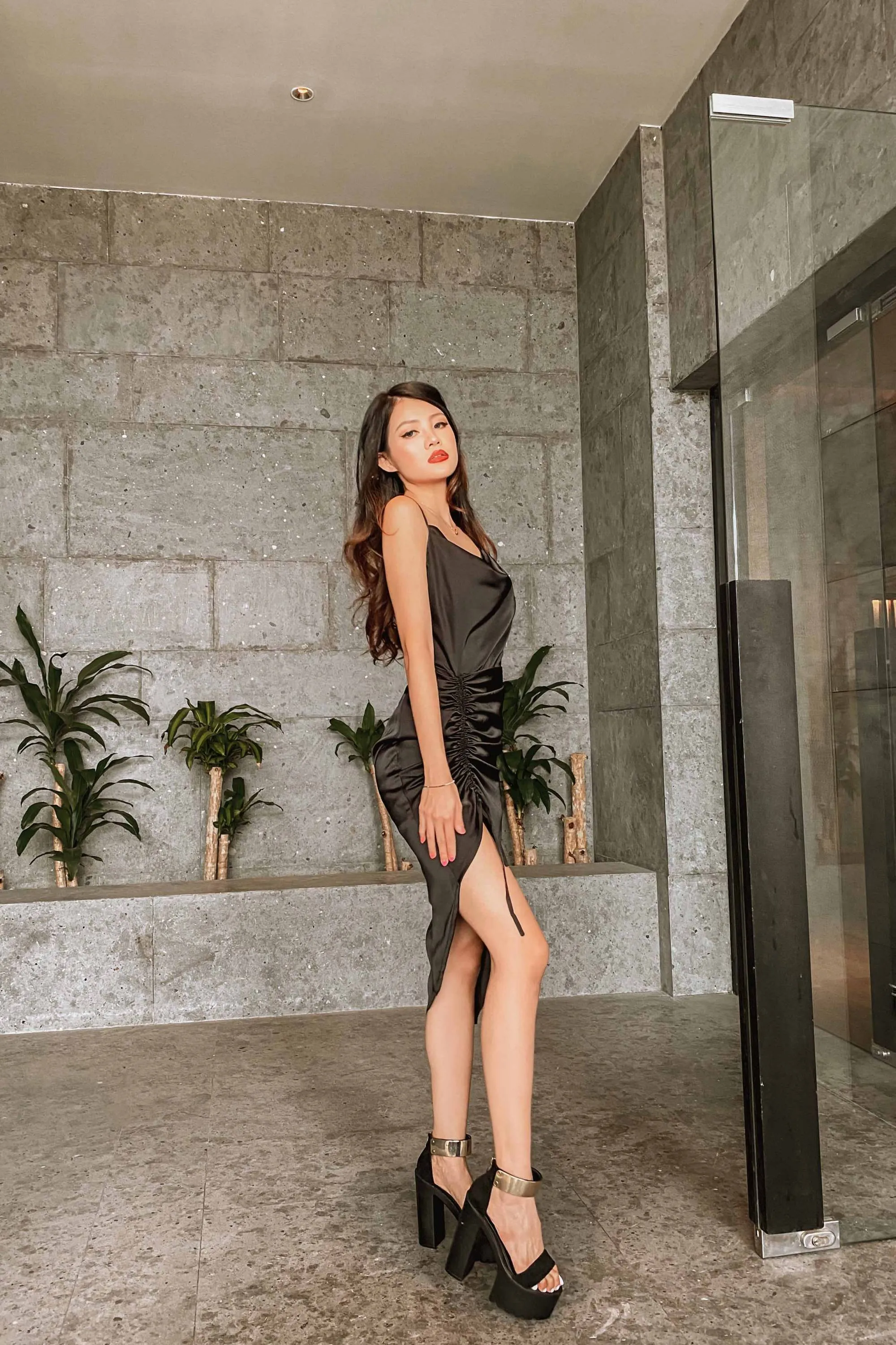 Iantes Asymmetrical Ruched Satin Dress in Black