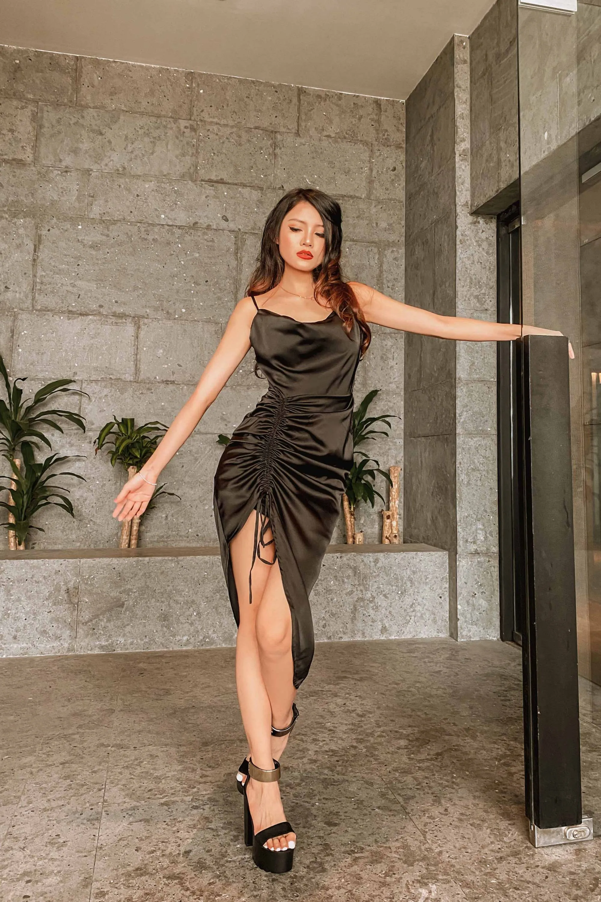 Iantes Asymmetrical Ruched Satin Dress in Black