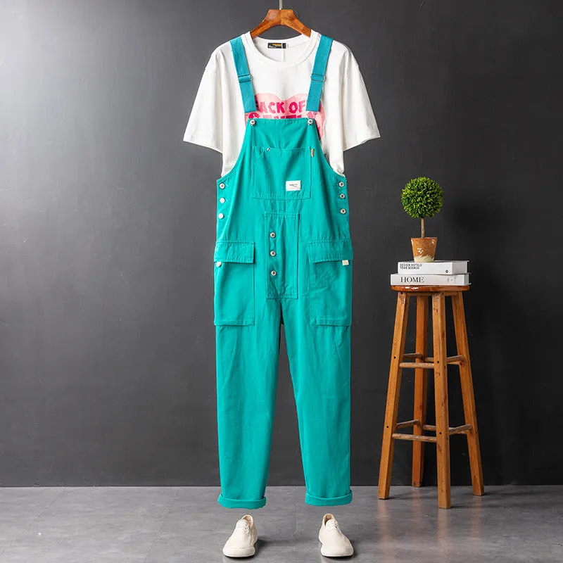 Men's Japanese Vintage Bib Overalls Fashion Slim Fit Jumpsuit with Adjustable Straps and Convenient Tool Pockets