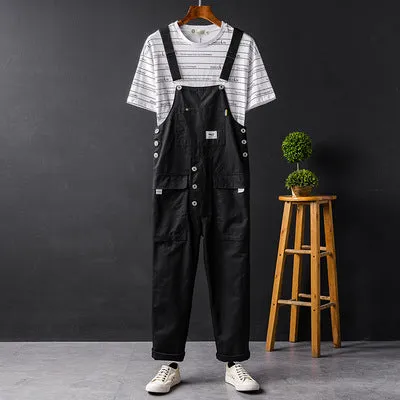 Men's Japanese Vintage Bib Overalls Fashion Slim Fit Jumpsuit with Adjustable Straps and Convenient Tool Pockets