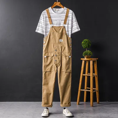 Men's Japanese Vintage Bib Overalls Fashion Slim Fit Jumpsuit with Adjustable Straps and Convenient Tool Pockets