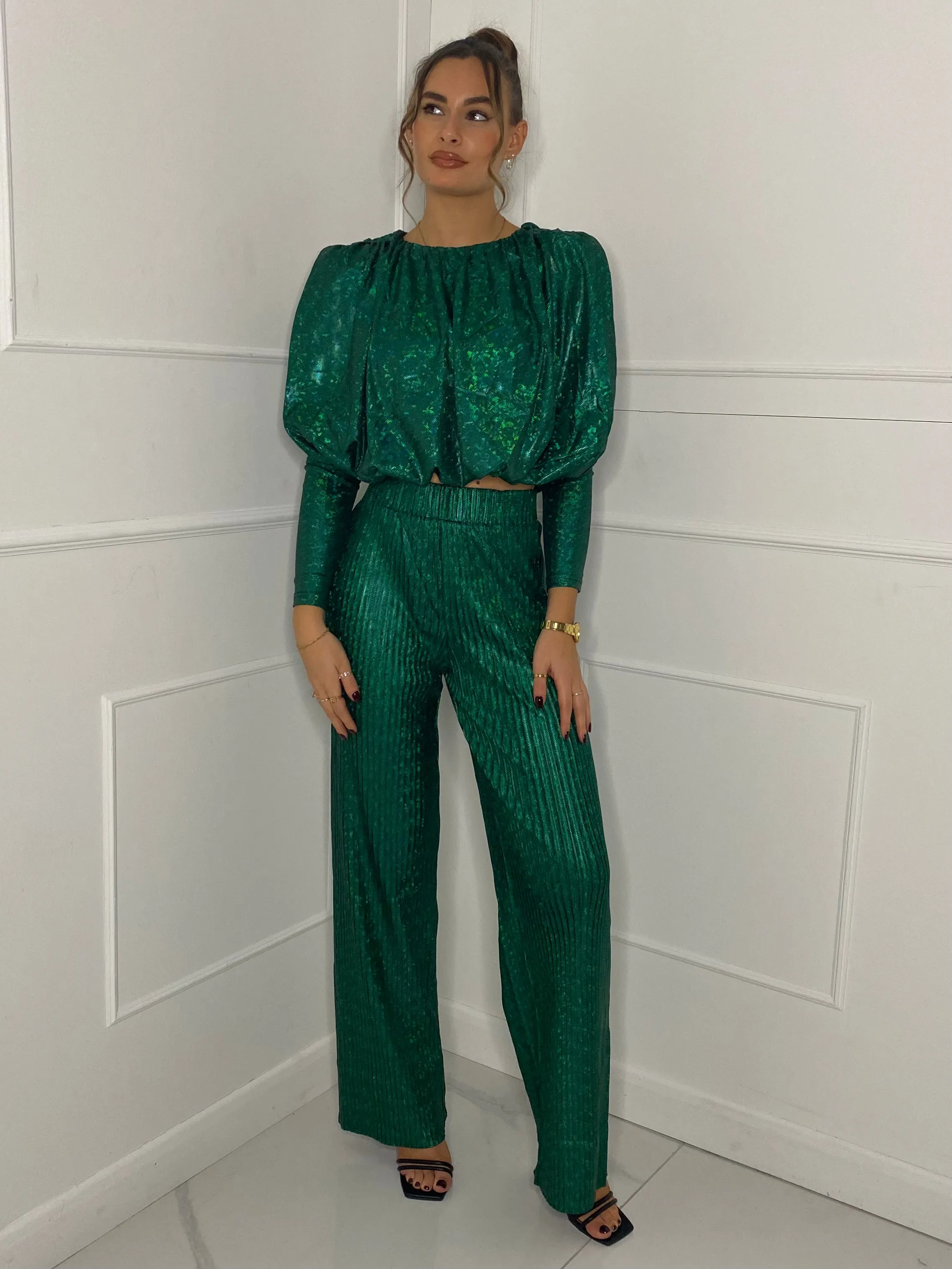 Metallic Look Top & Flares Co-Ord - Green