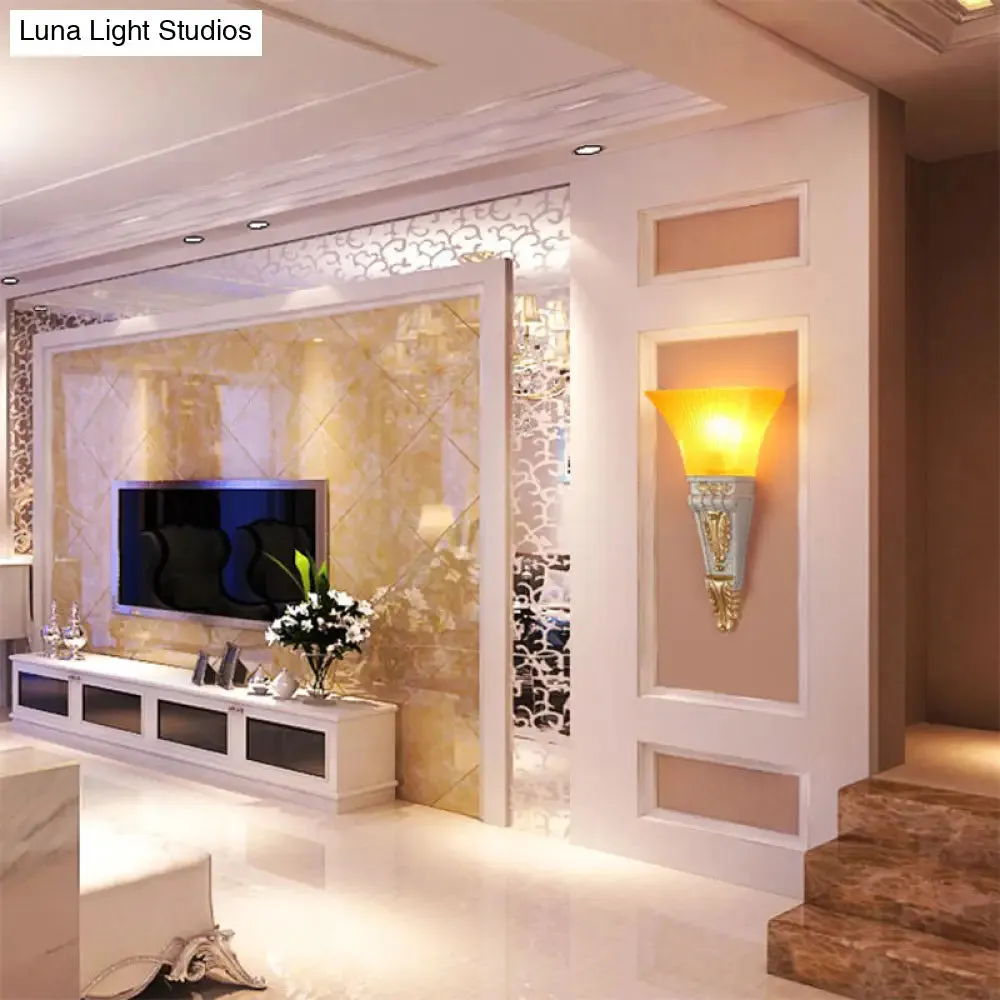 Modern Bell Wall Lighting - Yellow Glass and Resin Lamp in Gold/White for Foyer, 14"/19" W