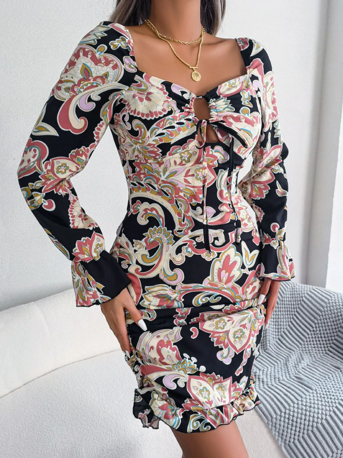 Printed Drawstring Ruffle Hem Dress