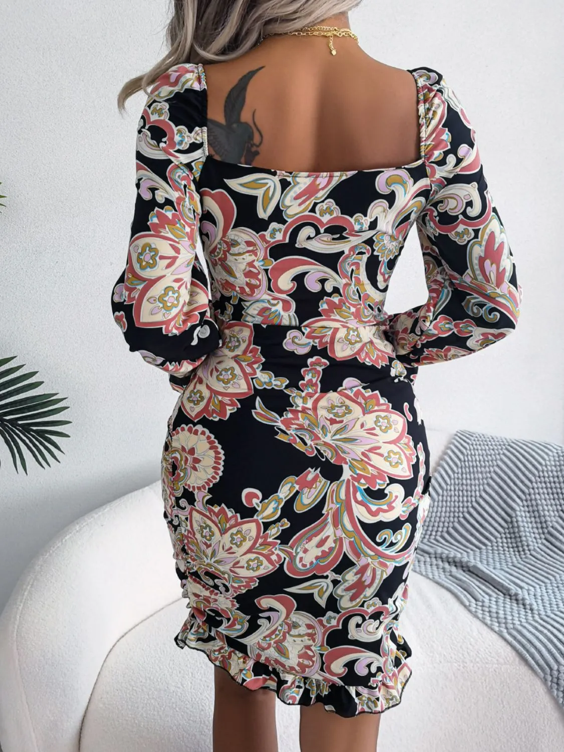 Printed Drawstring Ruffle Hem Dress