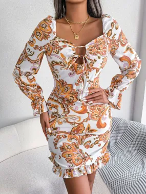Printed Drawstring Ruffle Hem Dress