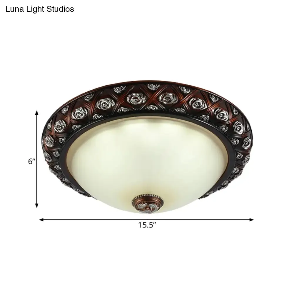 Rustic Bowl White Glass Flush Mount Lamp with Rose Pattern Trim - 2/3-Bulb Flush Light Fixture (12"/15.5" W)