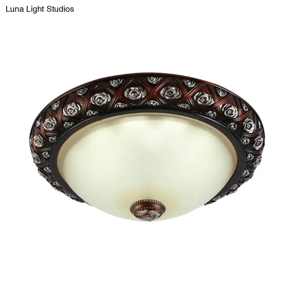 Rustic Bowl White Glass Flush Mount Lamp with Rose Pattern Trim - 2/3-Bulb Flush Light Fixture (12"/15.5" W)