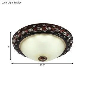 Rustic Bowl White Glass Flush Mount Lamp with Rose Pattern Trim - 2/3-Bulb Flush Light Fixture (12"/15.5" W)