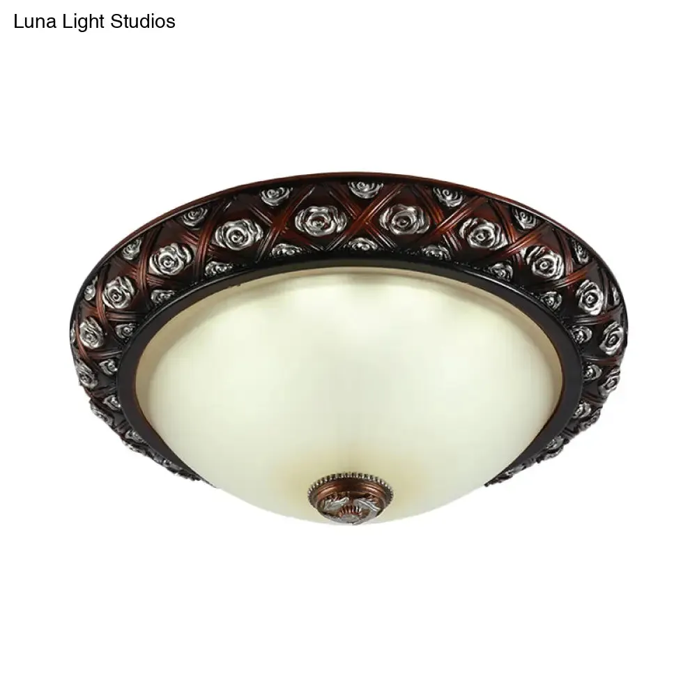 Rustic Bowl White Glass Flush Mount Lamp with Rose Pattern Trim - 2/3-Bulb Flush Light Fixture (12"/15.5" W)