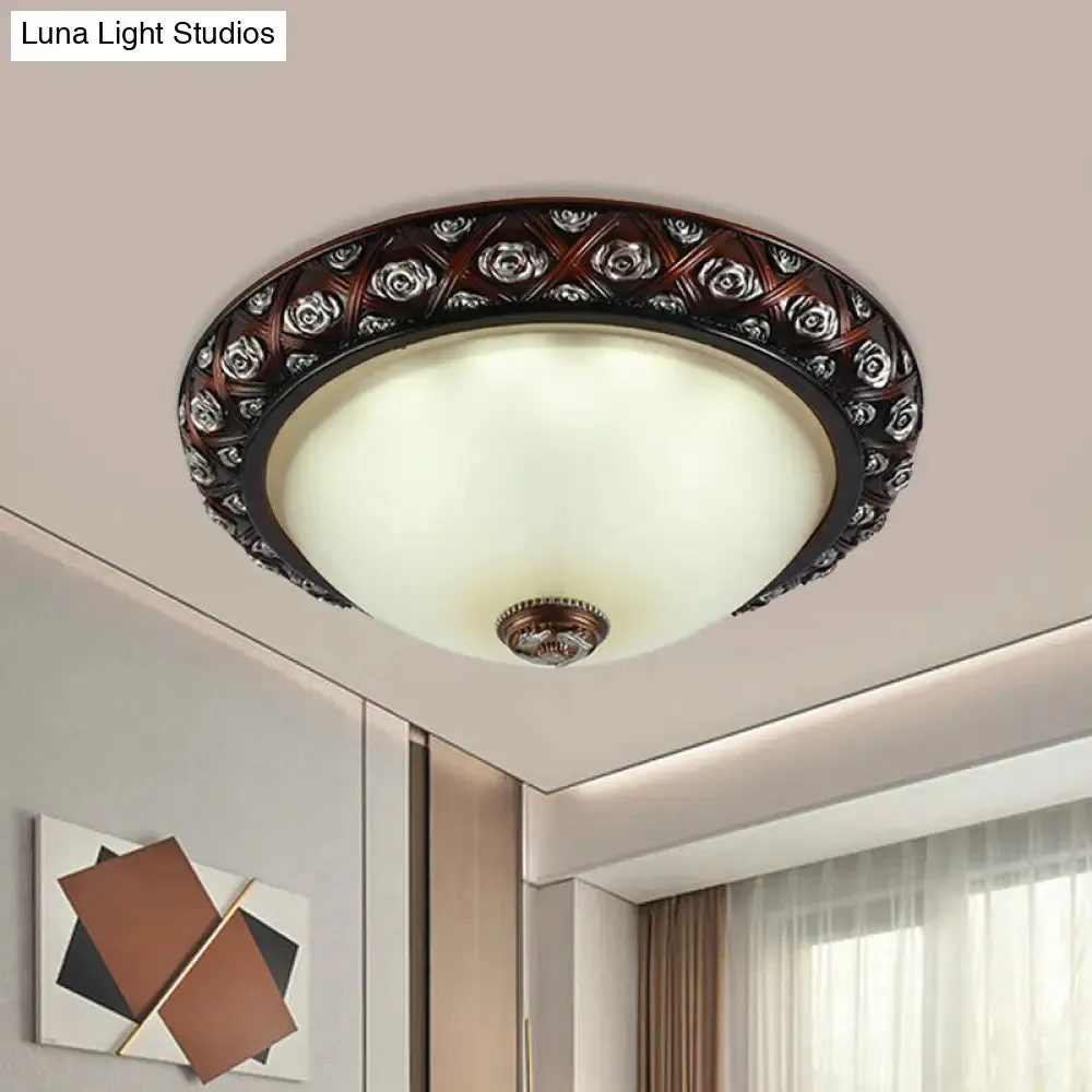 Rustic Bowl White Glass Flush Mount Lamp with Rose Pattern Trim - 2/3-Bulb Flush Light Fixture (12"/15.5" W)