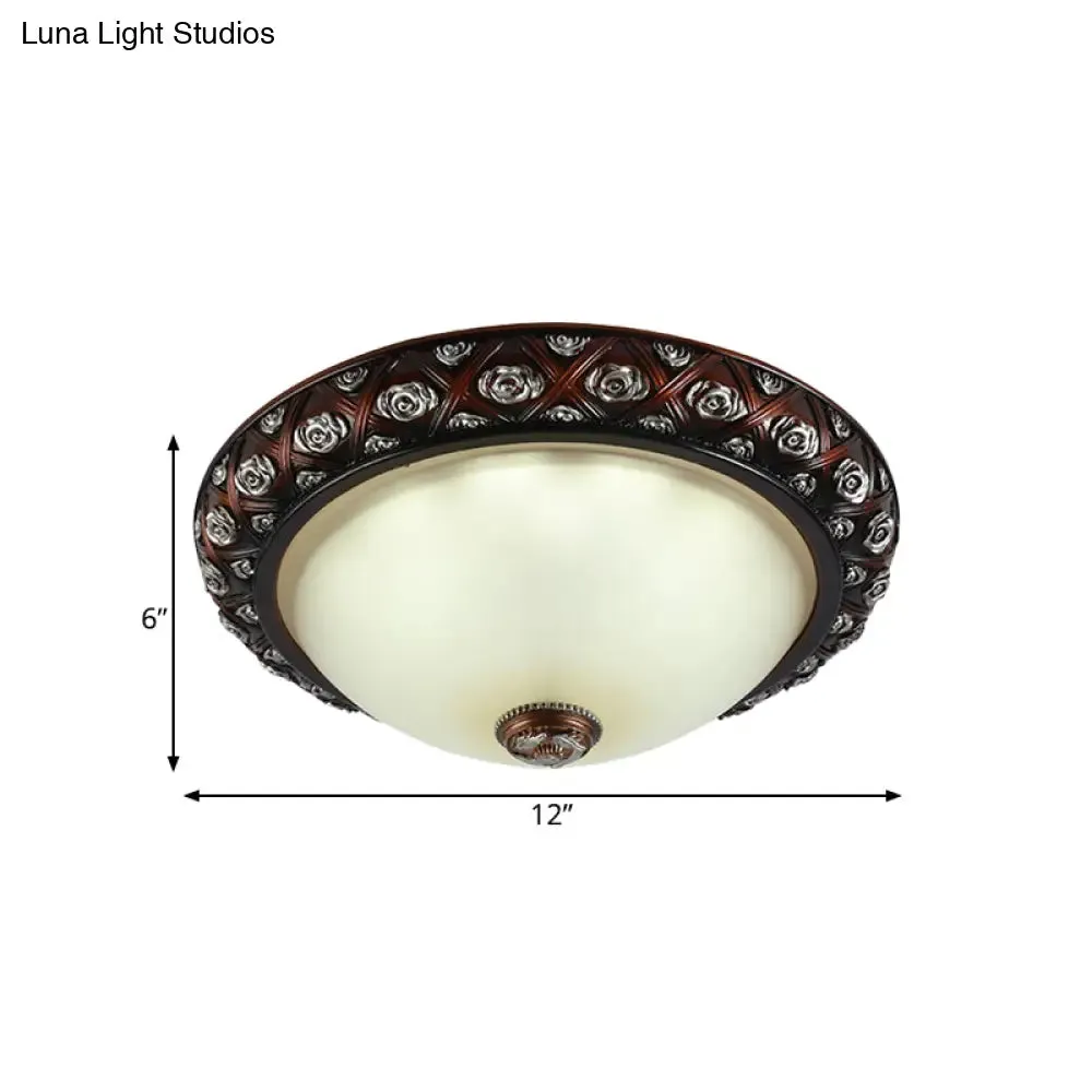Rustic Bowl White Glass Flush Mount Lamp with Rose Pattern Trim - 2/3-Bulb Flush Light Fixture (12"/15.5" W)
